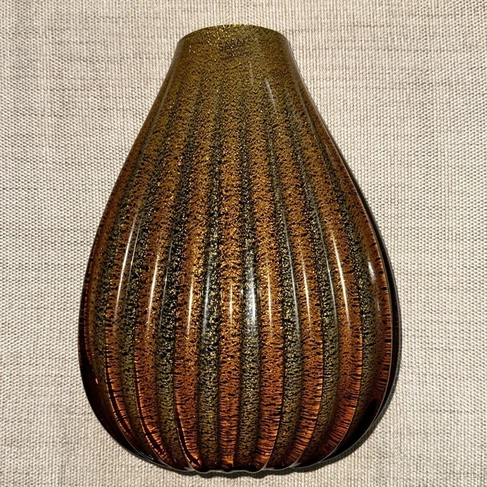 Sasaki Italian Crystal Vase Hand Crafted Marea 11” Tear Drop Ribbed Tiger’s Eye